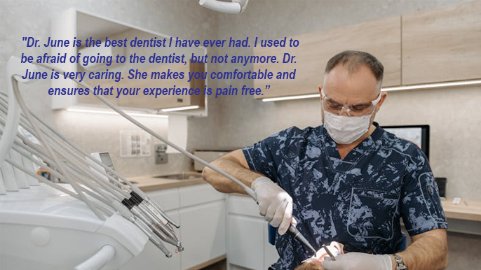 dentist in blue shirt preforming dental work with the text “My first visit to Kempenfelt Dental was for an emergency root canal. I was so impressed by the care I received, Dr. June is now my family dentist.” displayed on screen.