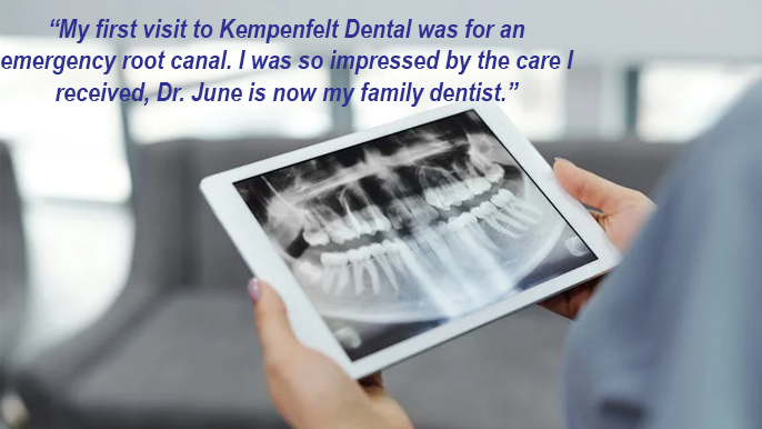 xray of teeth with a quote saying: "Dr. June is the best dentist I have ever had. I used to be afraid of going to the dentist, but not anymore. Dr. June is very caring. She makes you comfortable and ensures that your experience is pain free.”